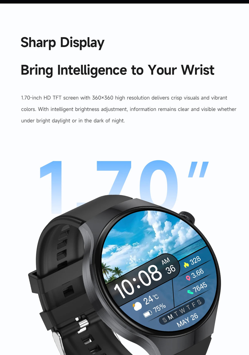 The new 2026 smartwatch is designed with a 1.7-inch high-definition screen, specifically designed for outdoor sports shooting