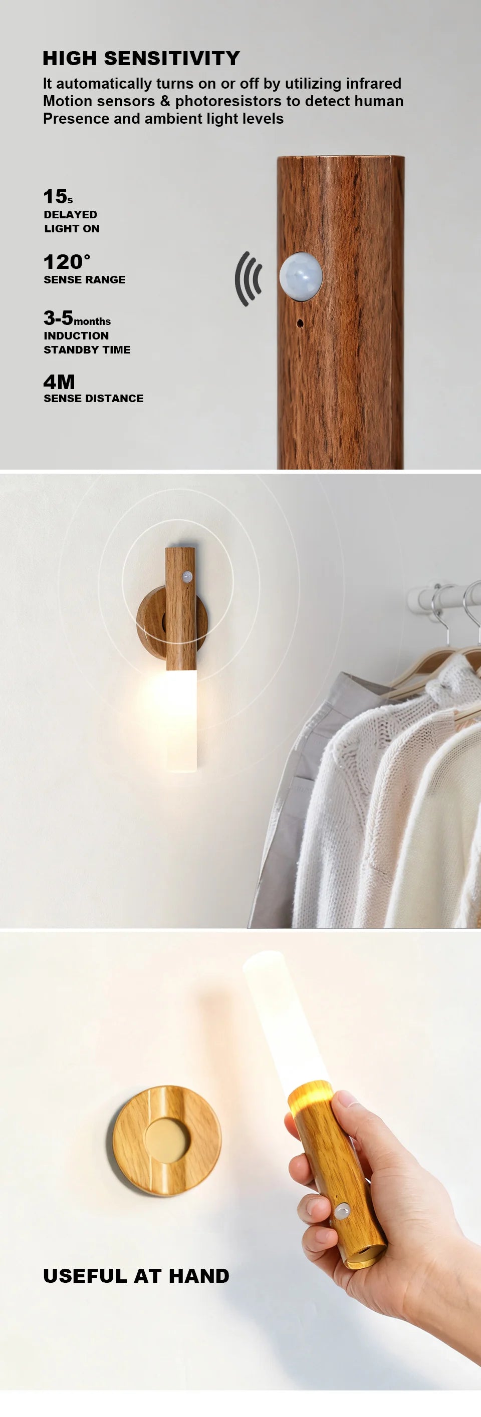 Smart Motion Sensor LED Wall Light LED Rechargeable Magnetic Wall Lamp Night Light Wood Wall Light Kitchen Cabinet Light Lamp