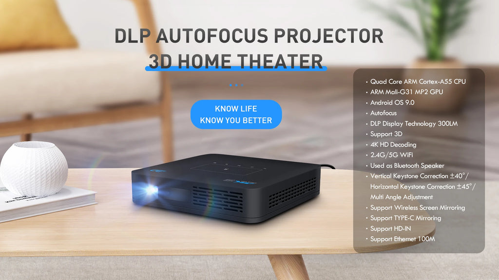 Mini 3D Portable Projector — 4K DLP, Android, WiFi, Bluetooth, Rechargeable Battery, Outdoor & Car Use