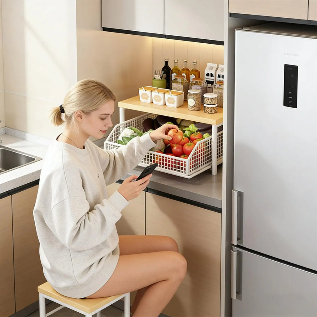 Kitchen Storage Rack Standing Shelf with Drawer for Fruit Vegetable Microwave Pots Dishes Spice Organizer for Kitchen Countertop