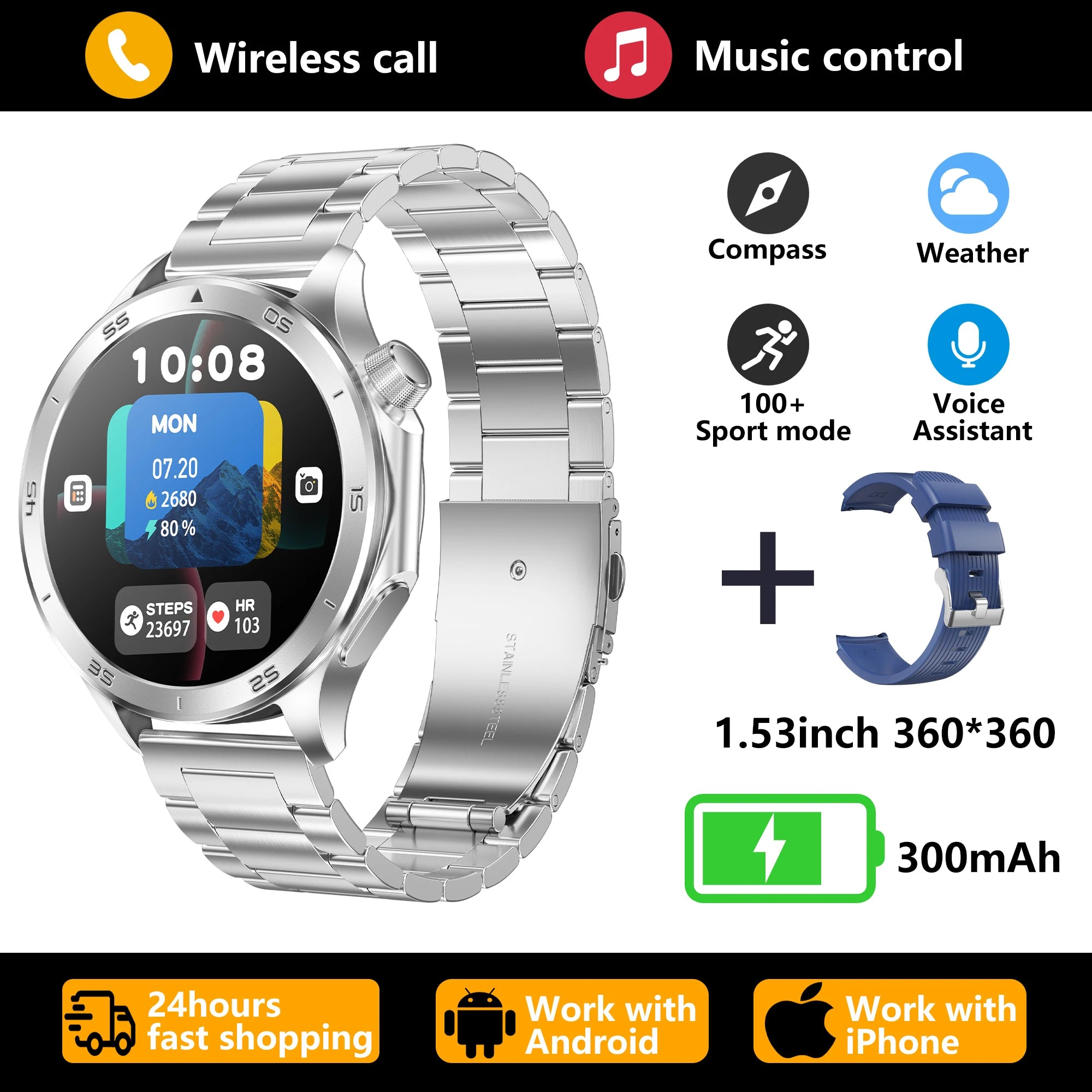 2026 new smart watch 1.53-inch HD large screen supports Bluetooth calls, multiple sports modes, compass health monitoring