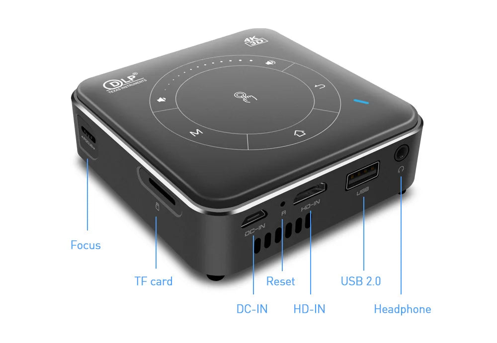 Mini 3D Portable Projector — 4K DLP, Android, WiFi, Bluetooth, Rechargeable Battery, Outdoor & Car Use