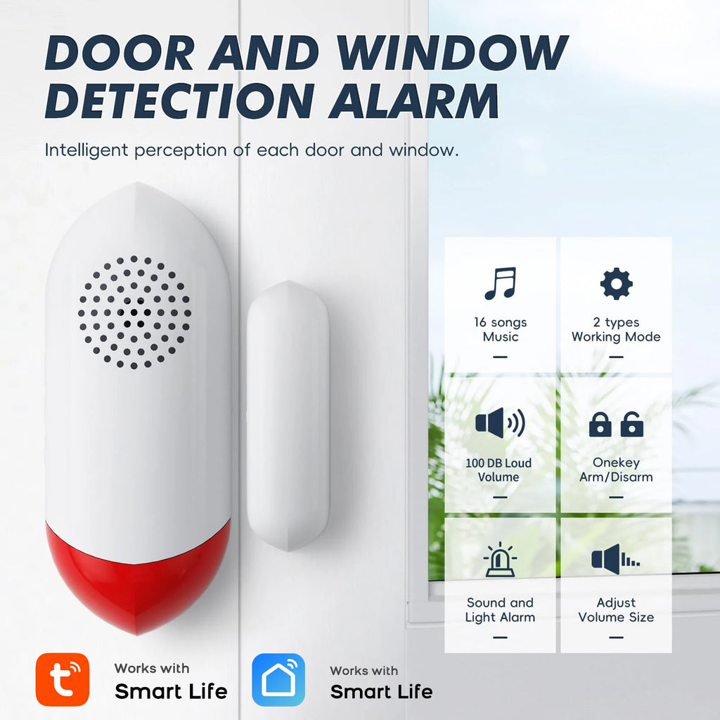 Smart WiFi Door & Window Sensor — 100dB Siren, LED Alert & APP Control