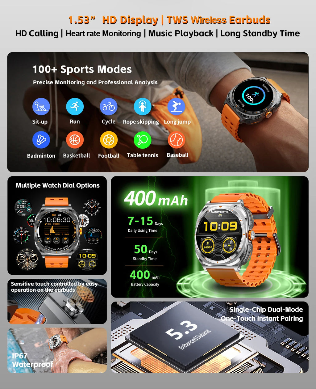 2025 New Smart Watch With 2 in 1 TWS Wireless Headset Bluetooth Call 1.53" AMOLED Screen 400mAh IP67 Waterproof Sport Smartwatch