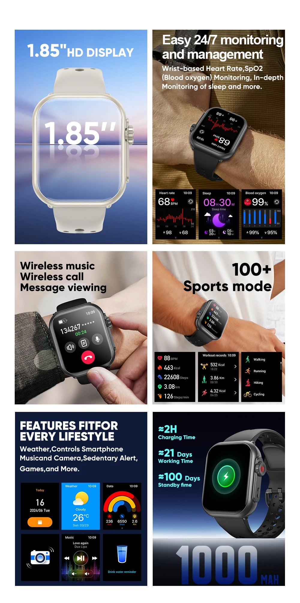 New Smart Watch Men Women 1.85-Inch HD AMOLED Full Touch Screen IP68 Waterproof Bluetooth Call SmartWatch Men For Android IOS