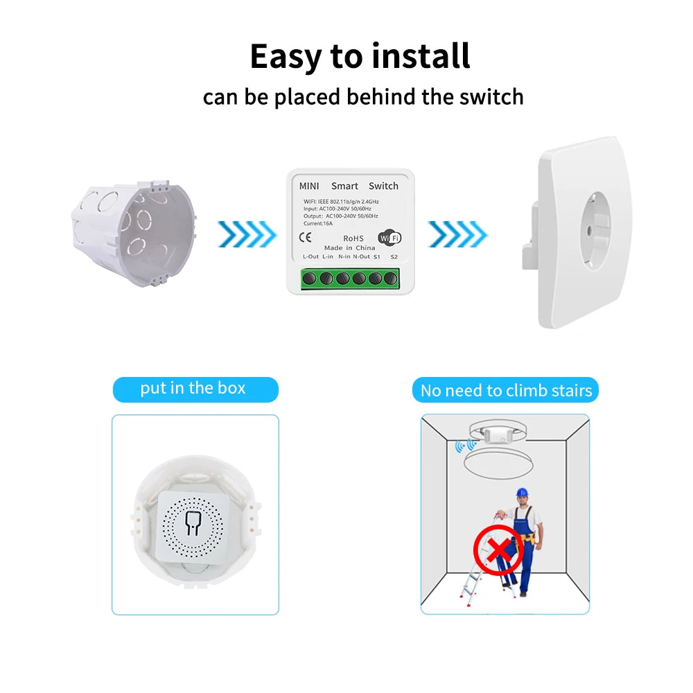 Smart Mini WiFi Switch — Voice & APP Control, 16A, Flame-Retardant, Easy Install