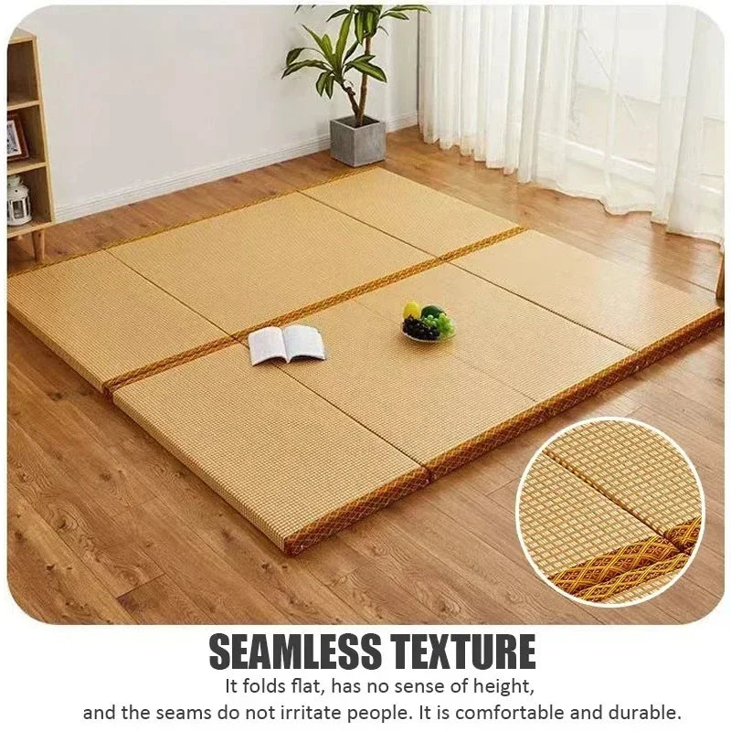 Japanese Folding Tatami Mattress Floor Mat with Artificial Rattan Surface & Coconut Fiber Core Futon Yoga Meditation Mat