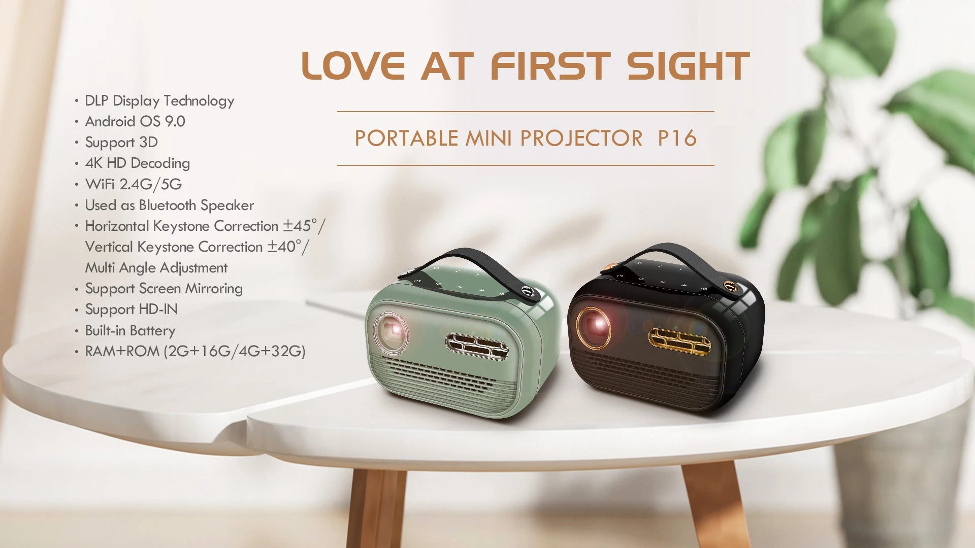 Mini 3D Portable Projector — 4K DLP, Android, WiFi, Bluetooth, Rechargeable Battery, Outdoor & Car Use