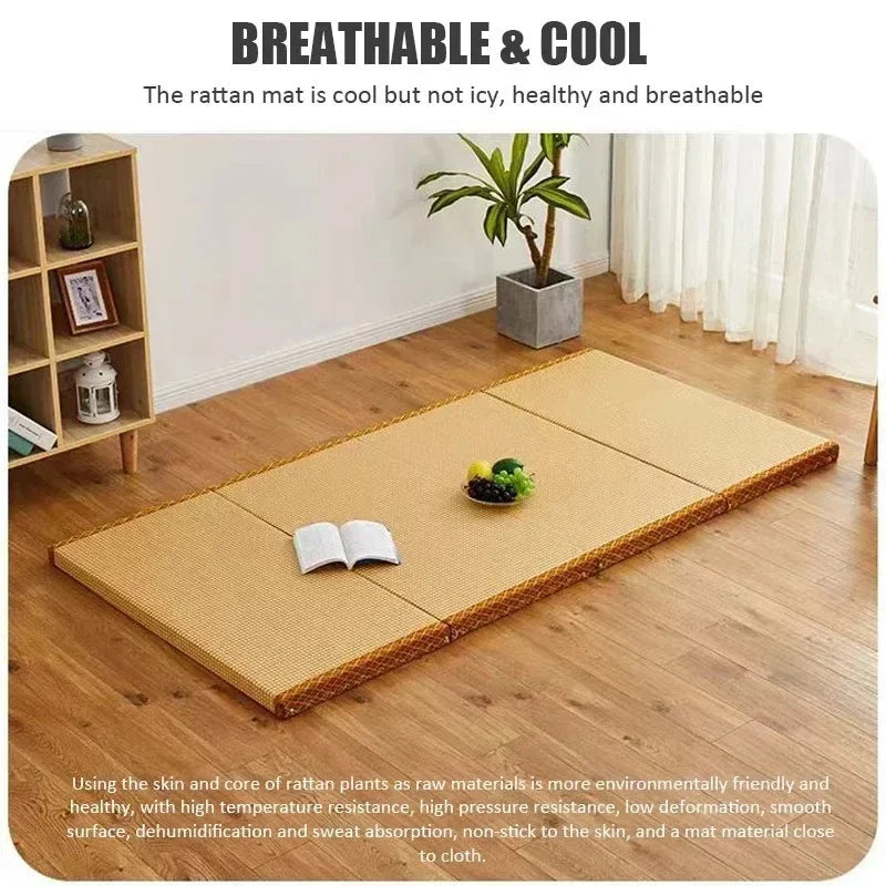 Japanese Folding Tatami Mattress Floor Mat with Artificial Rattan Surface & Coconut Fiber Core Futon Yoga Meditation Mat