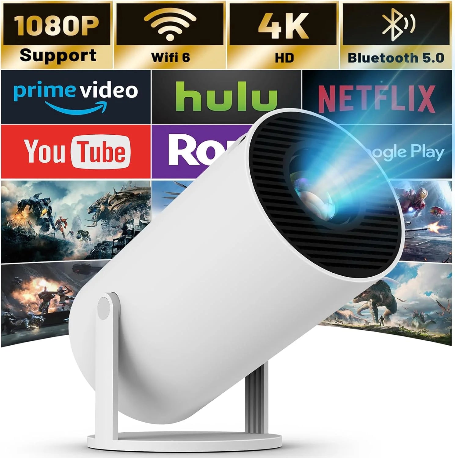XFY Mini HY300 Projector with 5G WIFI and Bluetooth 4K 1080P Support Portable Projector 180° Rotatable Auto Keystone Projector