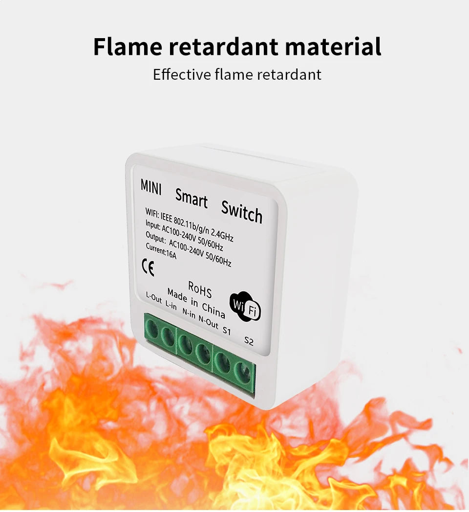 Smart Mini WiFi Switch — Voice & APP Control, 16A, Flame-Retardant, Easy Install