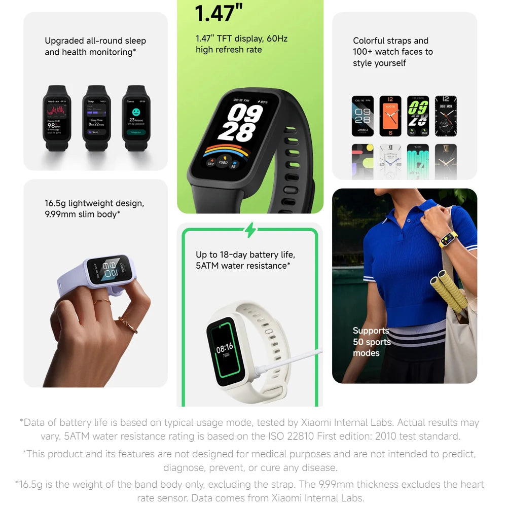 Xiaomi Smart Band 9 Active Global Version 1.47'' Display 18 Days Battery Life Health Monitoring 5ATM Sports Bracelet Mi Fitness