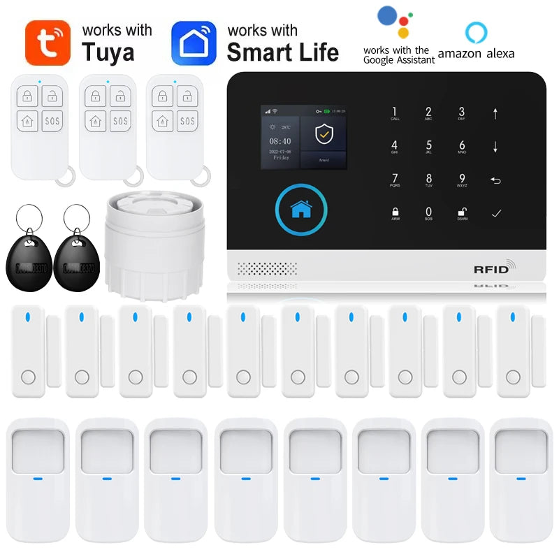 Smart Solar-Powered Home Alarm System — Tuya WiFi GSM, PIR & Door Sensors, Alexa Compatible