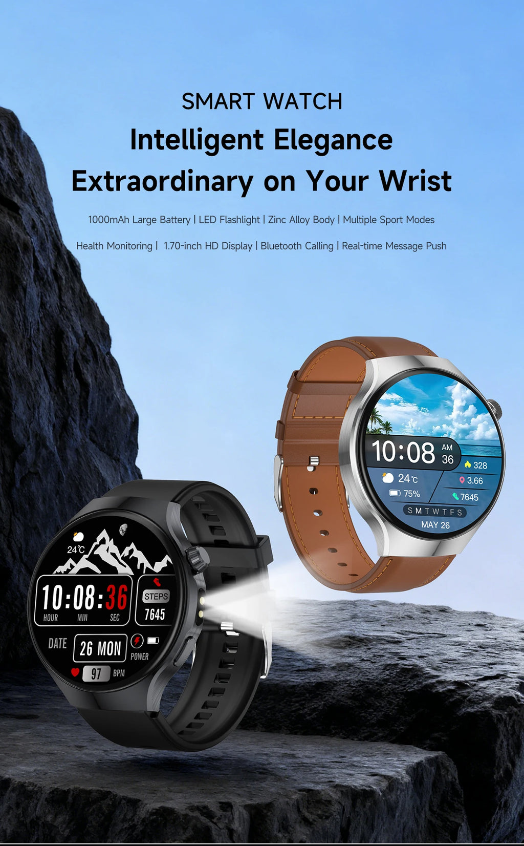 The new 2026 smartwatch is designed with a 1.7-inch high-definition screen, specifically designed for outdoor sports shooting