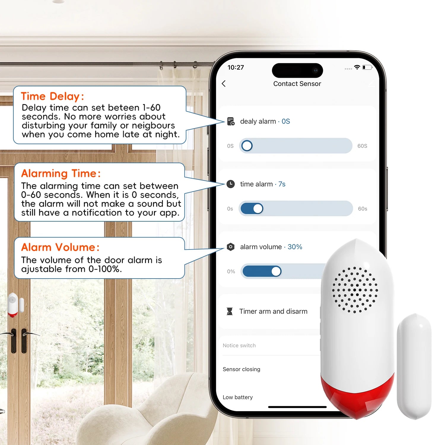 Smart WiFi Door & Window Sensor — 100dB Siren, LED Alert & APP Control