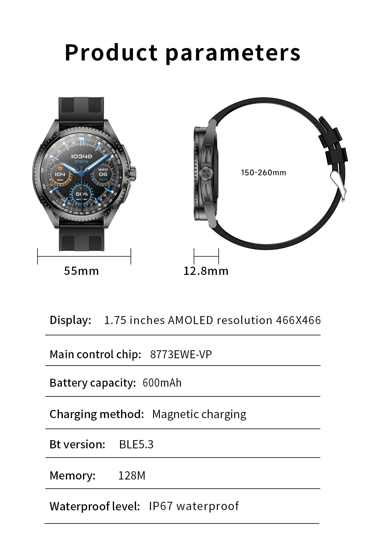 Smart Watch for Men 1.75-Inch AMOLED Luxury Business Sports Fitness Watch IP67 Water Resistant 620mAh Standby Multi-Sport Mode