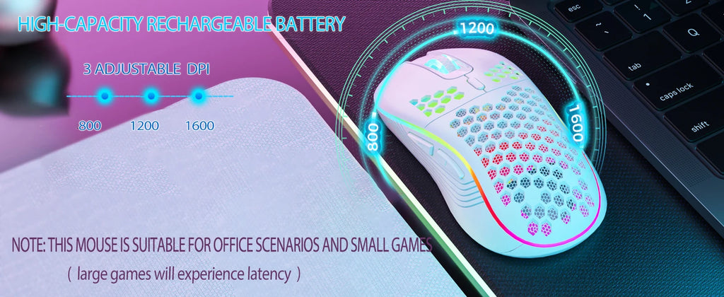 2.4G Wireless Mouse with RGB Backlit 6-button 3-speed DPI Type C Rechargeable Ergonomic Honeycomb Design Gaming Mouse