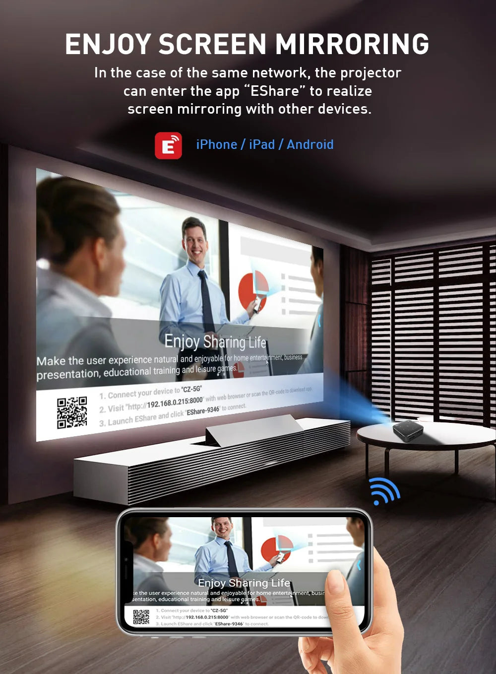 Mini 3D Portable Projector — 4K DLP, Android, WiFi, Bluetooth, Rechargeable Battery, Outdoor & Car Use