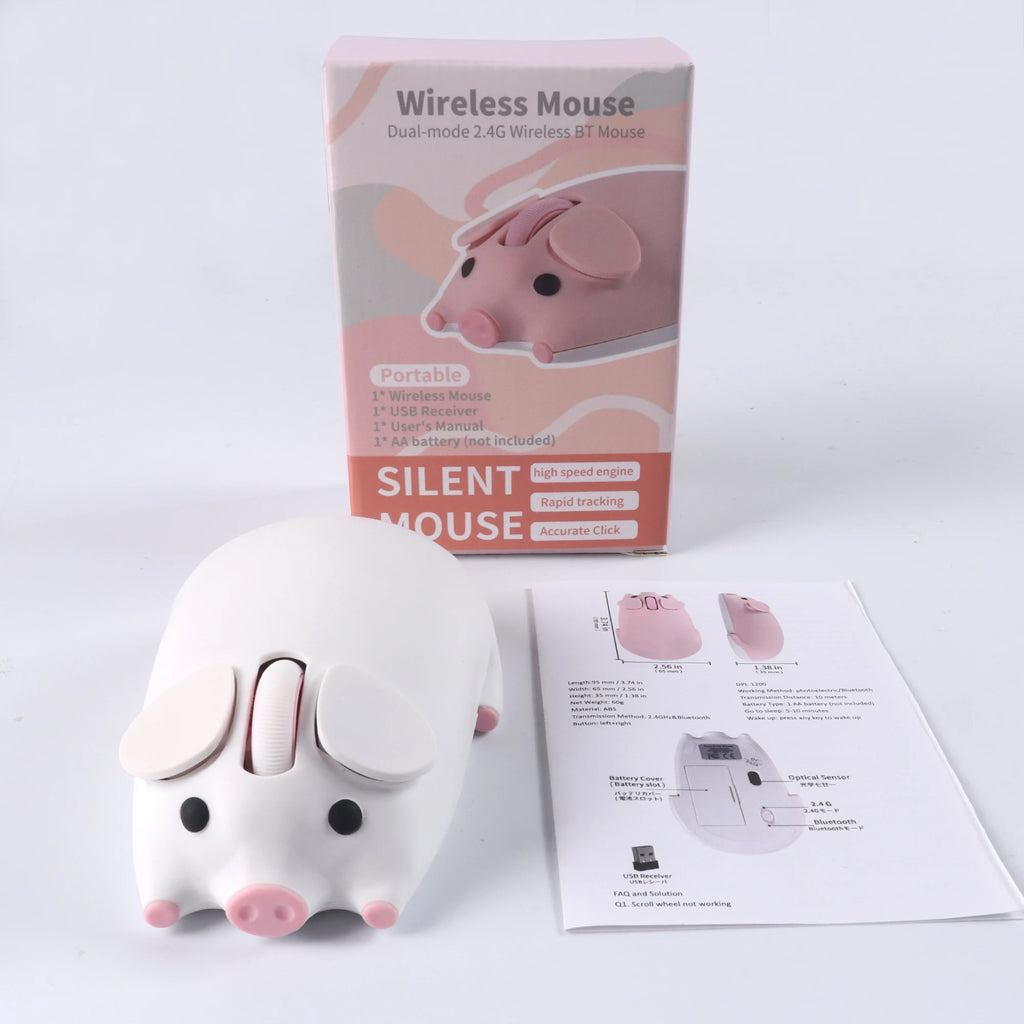 Cartoon Pig Design Computer Mouse Dual-mode 2.4G+Bluetooth Cute Ergonomic Optical Mice Game Laptop PC Universal For Girl Gift