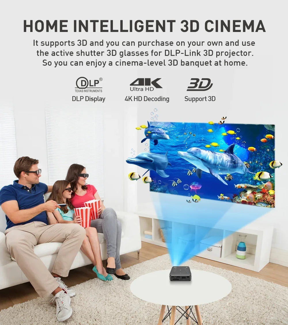 Mini 3D Portable Projector — 4K DLP, Android, WiFi, Bluetooth, Rechargeable Battery, Outdoor & Car Use