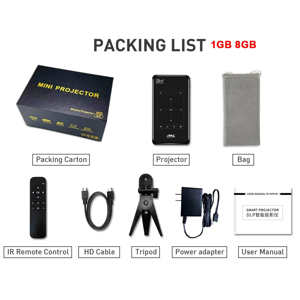 P09-II Portable DLP Mini Pocket Projector Android 9.0 2GB RAM 32GB ROM WIFI5 BT4.2 4K HD Beamer Home Cinema LED Video Projector