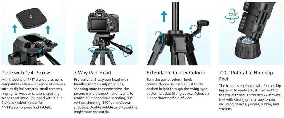 Mini Tripod for Camera, 25inch Aluminum Tabletop Camera Tripod, Portable Travel Tripod , for Cameras, Projectors, Spotting Scope