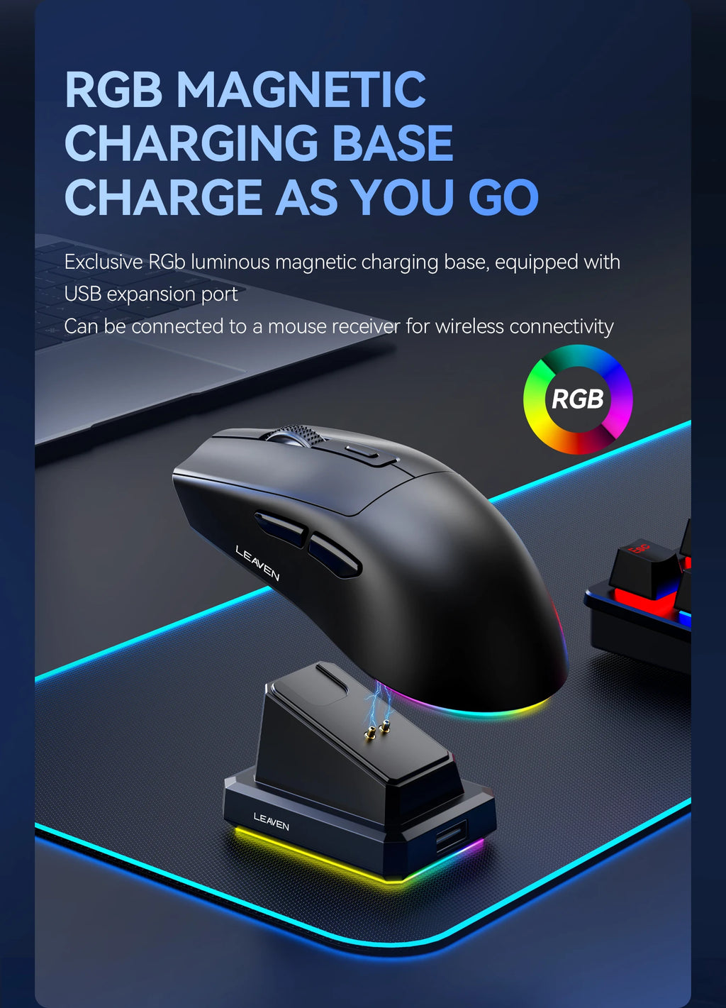 Dual-Mode Wireless Mouse | Magnetic Charging Dock | RGB Backlit | 3-Speed DPI (800-1200-1600) | 2.4G/BT | Suitable for daily use