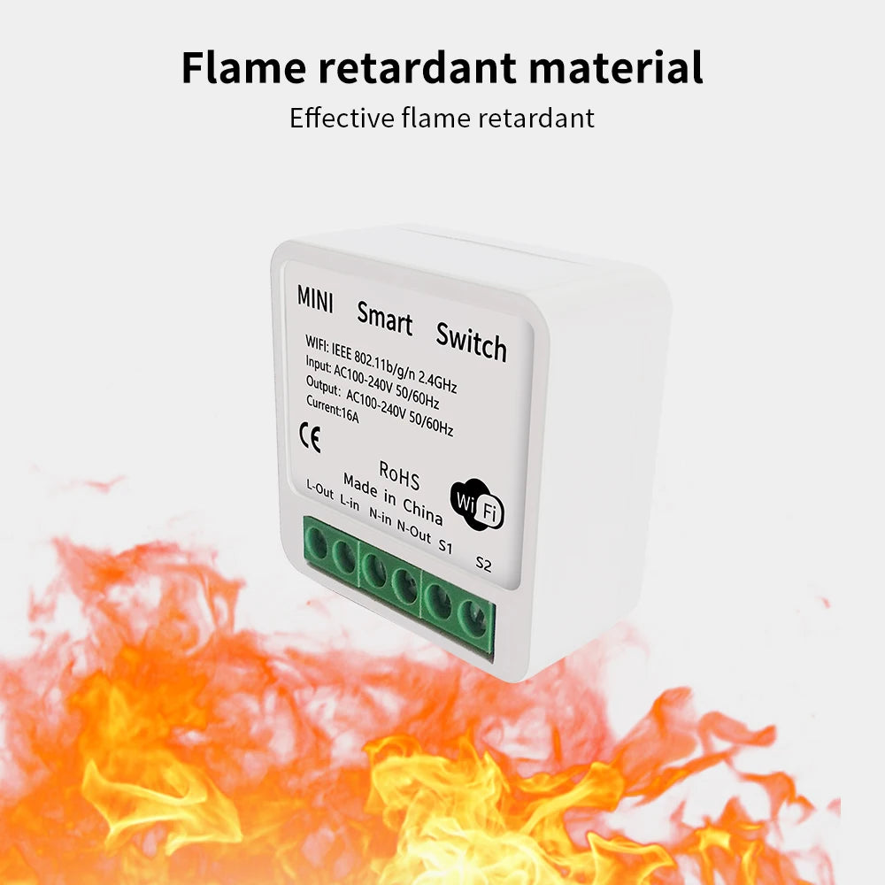 Smart Mini WiFi Switch — Voice & APP Control, 16A, Flame-Retardant, Easy Install