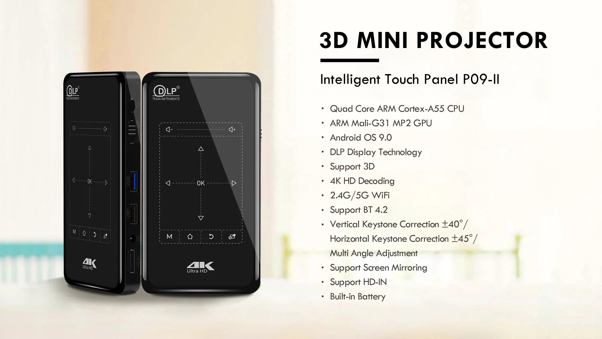 Mini 3D Portable Projector — 4K DLP, Android, WiFi, Bluetooth, Rechargeable Battery, Outdoor & Car Use